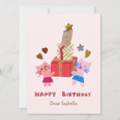かわいい猫たちギフト保持ピンクハッピーバースデー カード (正面)