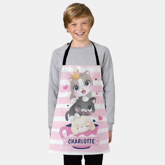 かわいい猫たちピンク動揺してのストライプ エプロン (着用した状態)