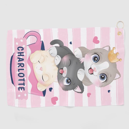 かわいい猫たちピンク動揺してのストライプ ゴルフタオル (横)