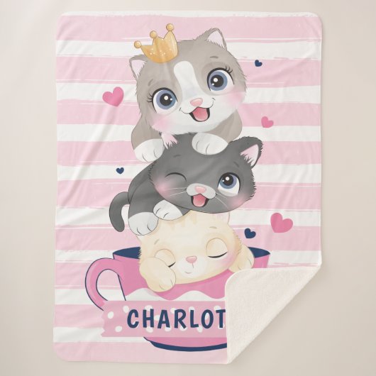 かわいい猫たちピンク動揺してのストライプ シェルパブランケット (正面)