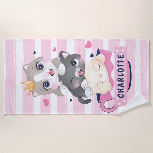 かわいい猫たちピンク動揺してのストライプ ビーチタオル (正面)