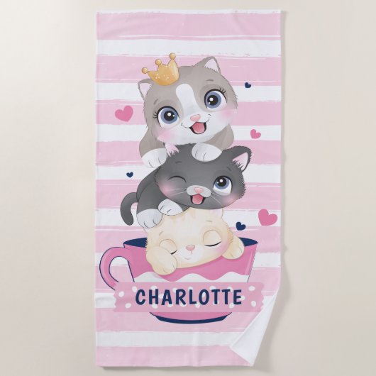 かわいい猫たちピンク動揺してのストライプ ビーチタオル (正面)