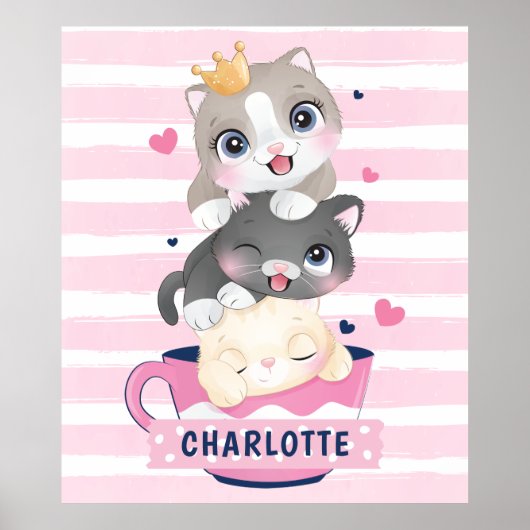 かわいい猫たちピンク動揺してのストライプ ポスター (正面)