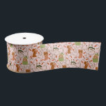 かわいい猫たちペットChristmas Lights Pink サテンリボン<br><div class="desc">猫と犬の手で描いたイラストレーションとクリスマスライトを使ったキュートでおもしろいなクリスマスリボン。背景はピンク。</div>