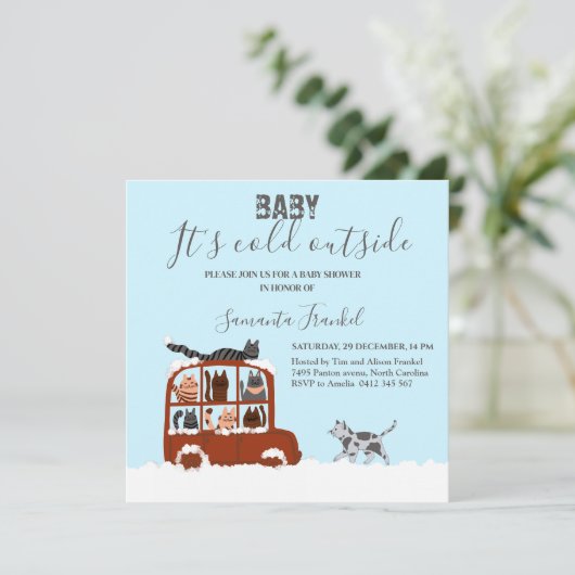 かわいい猫たち冬の寒い赤ちゃんシャワー 招待状 (スタンド正面)