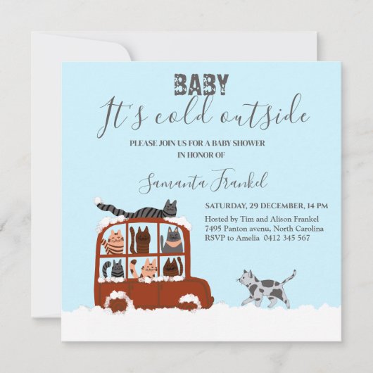 かわいい猫たち冬の寒い赤ちゃんシャワー 招待状 (正面)