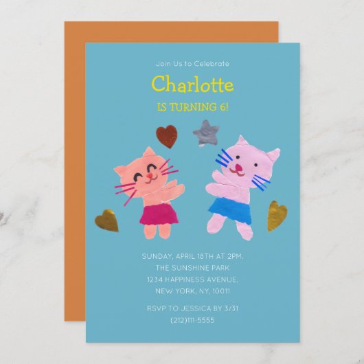 かわいい猫たち子供の誕生日ブルー紙コラージュ 招待状 (正面/裏面)