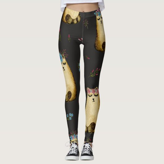 かわいい猫たち花水彩柄 レギンス (正面)