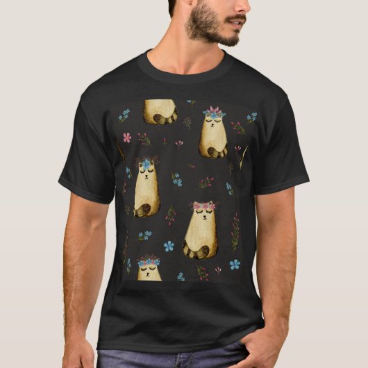 かわいい猫たち花水彩柄 Tシャツ (正面)