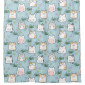 かわいい猫たち草ハートブルー背景テーマ シャワーカーテン (正面)