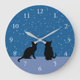 かわいい猫たち、星と暗い夜空 ラージ壁時計