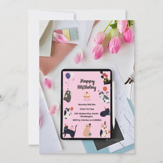 かわいい猫ちゃんテーマ-誕生日招待状カード 招待状 (正面)