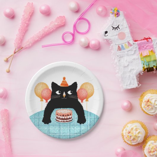 かわいい猫とお誕生日ケーキの目的パーティー ペーパープレート (パーティー)