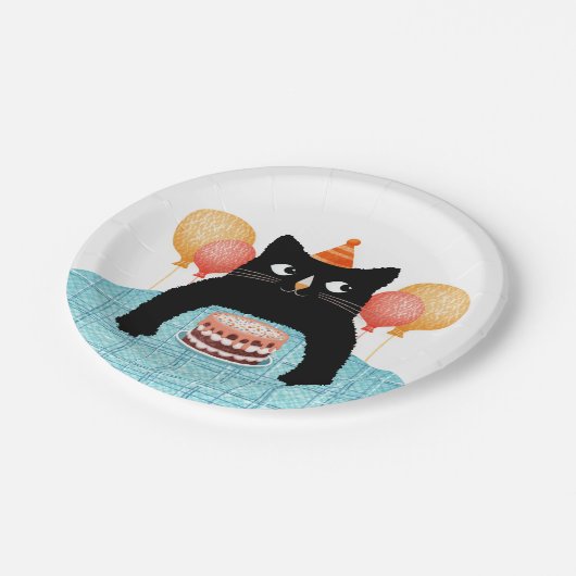 かわいい猫とお誕生日ケーキの目的パーティー ペーパープレート (アングル)