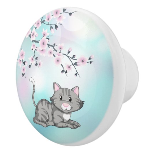かわいい猫とさくらんぼの花ターコイズ女子 セラミックノブ (右)