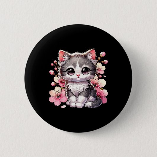 かわいい猫とさくらんぼ咲き猫 缶バッジ (正面)