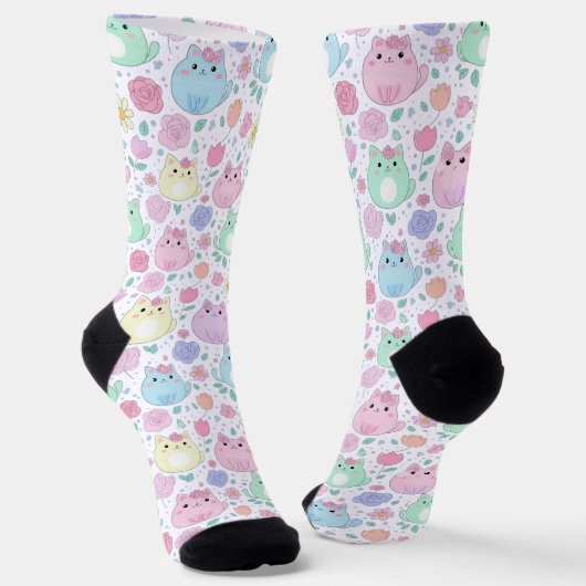 かわいい猫とはな柄のパステルカラー ソックス (傾斜あり)