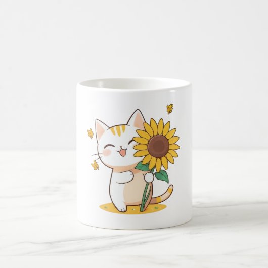 かわいい猫とひまわりのカワイイデザイン コーヒーマグカップ (中央)