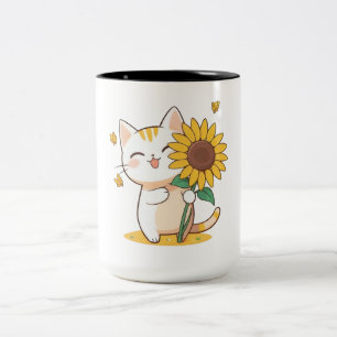 かわいい猫とひまわりのカワイイデザイン ツートーンマグカップ