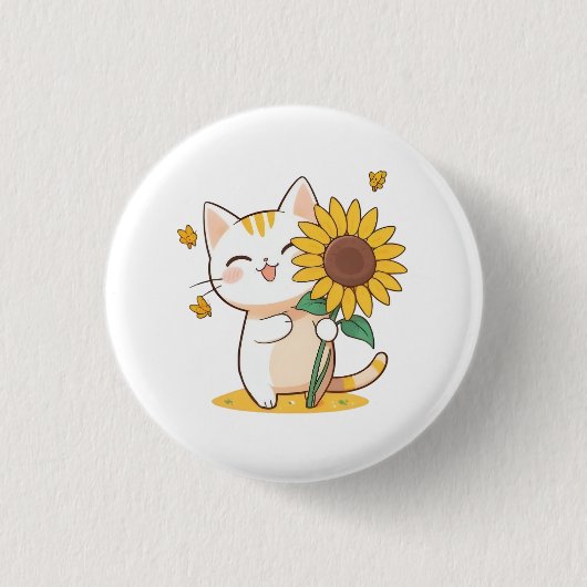かわいい猫とひまわりのカワイイデザイン 缶バッジ (正面)