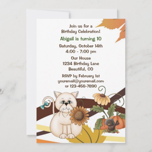 かわいい猫とひまわり秋季誕生会 招待状 (裏面)