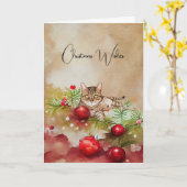 かわいい猫とオーナメントクリスマスカード カード (黄色い花)