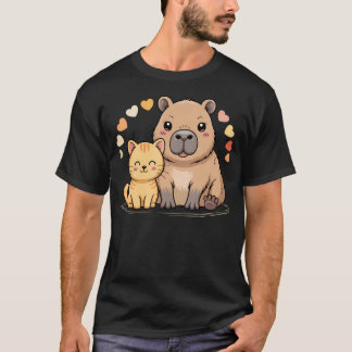 かわいい猫とカピバラの友達 面白いペット好き Tシャツ