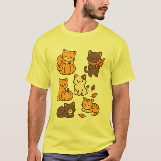 かわいい猫とカボチャと落ち葉の秋 Tシャツ (正面)