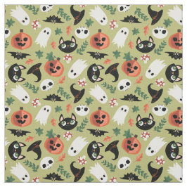 かわいい猫とカボチャのオリーブ黒ハロウィーンパターン ファブリック