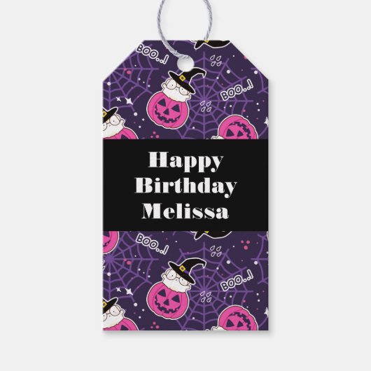 かわいい猫とカボチャのハロウィンパターン誕生日 ギフトタグ (正面)