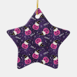 かわいい猫とカボチャのハロウィンパターン セラミックオーナメント