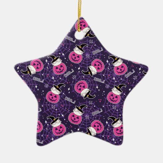 かわいい猫とカボチャのハロウィンパターン セラミックオーナメント (正面)