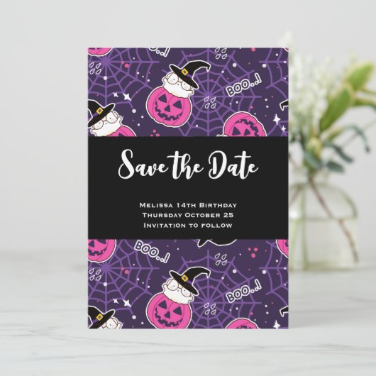 かわいい猫とカボチャのハロウィンパターン セーブザデート (スタンド正面)