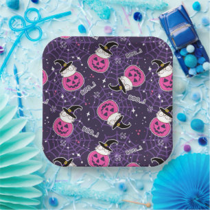 かわいい猫とカボチャのハロウィンパターン ペーパープレート