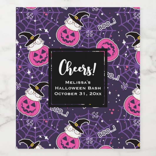 かわいい猫とカボチャのハロウィンパターン ワインラベル (シングルラベル)