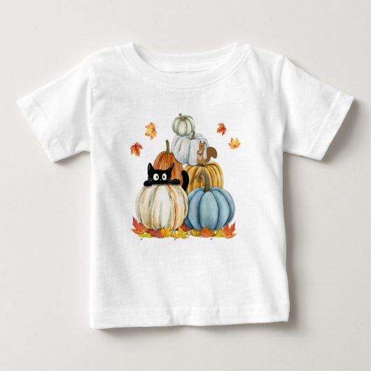 かわいい猫とカボチャのハロウィーンと感謝祭 ベビーTシャツ (正面)