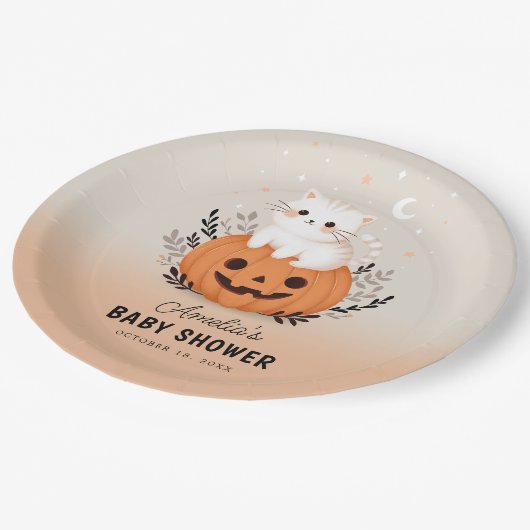 かわいい猫とカボチャのハロウィーンの赤ちゃんシャワー ペーパープレート (アングル)