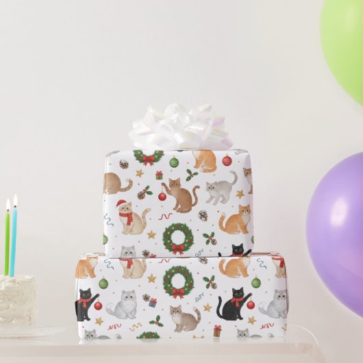 かわいい猫とクリスマスの飾り ラッピングペーパー (パーティーギフト)