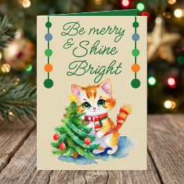 かわいい猫とクリスマスツリーのクリームグリーン シーズンカード