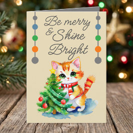 かわいい猫とクリスマスツリーのグレーとクリーム色のデザイン シーズンカード
