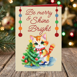 かわいい猫とクリスマスツリーのメリークリームレッド シーズンカード