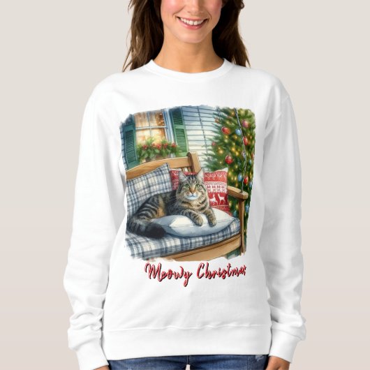 かわいい猫とクリスマスツリーTシャツ スウェットシャツ (正面)