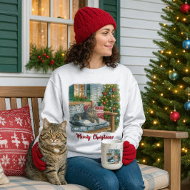 かわいい猫とクリスマスツリーTシャツ スウェットシャツ