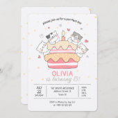 かわいい猫とケーキ誕生日パーティーの招待状 招待状 (正面/裏面)