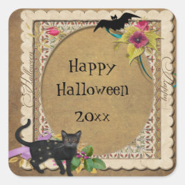 かわいい猫とコウモリのビンテージ・ハロウィン スクエアシール