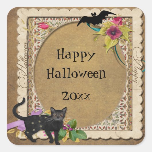 かわいい猫とコウモリのビンテージ・ハロウィン スクエアシール (正面)