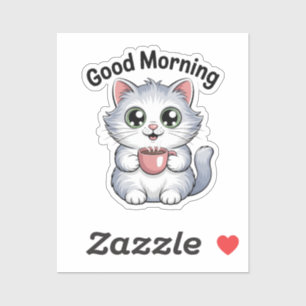 かわいい猫とコーヒーの「おはよう」ステッカー シール