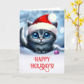 かわいい猫とサンタハットのクリスマス休暇 カード (黄色い花)