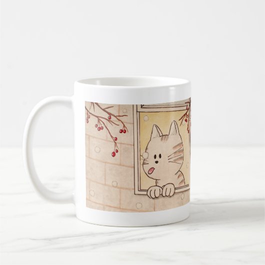 かわいい猫とスノーフレークマグ、ウィンターホリデーマグ コーヒーマグカップ (左)