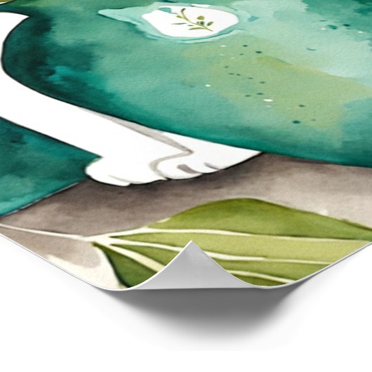 かわいい猫とティール(緑がかった色)グリーン花瓶植物水彩 ポスター (角)